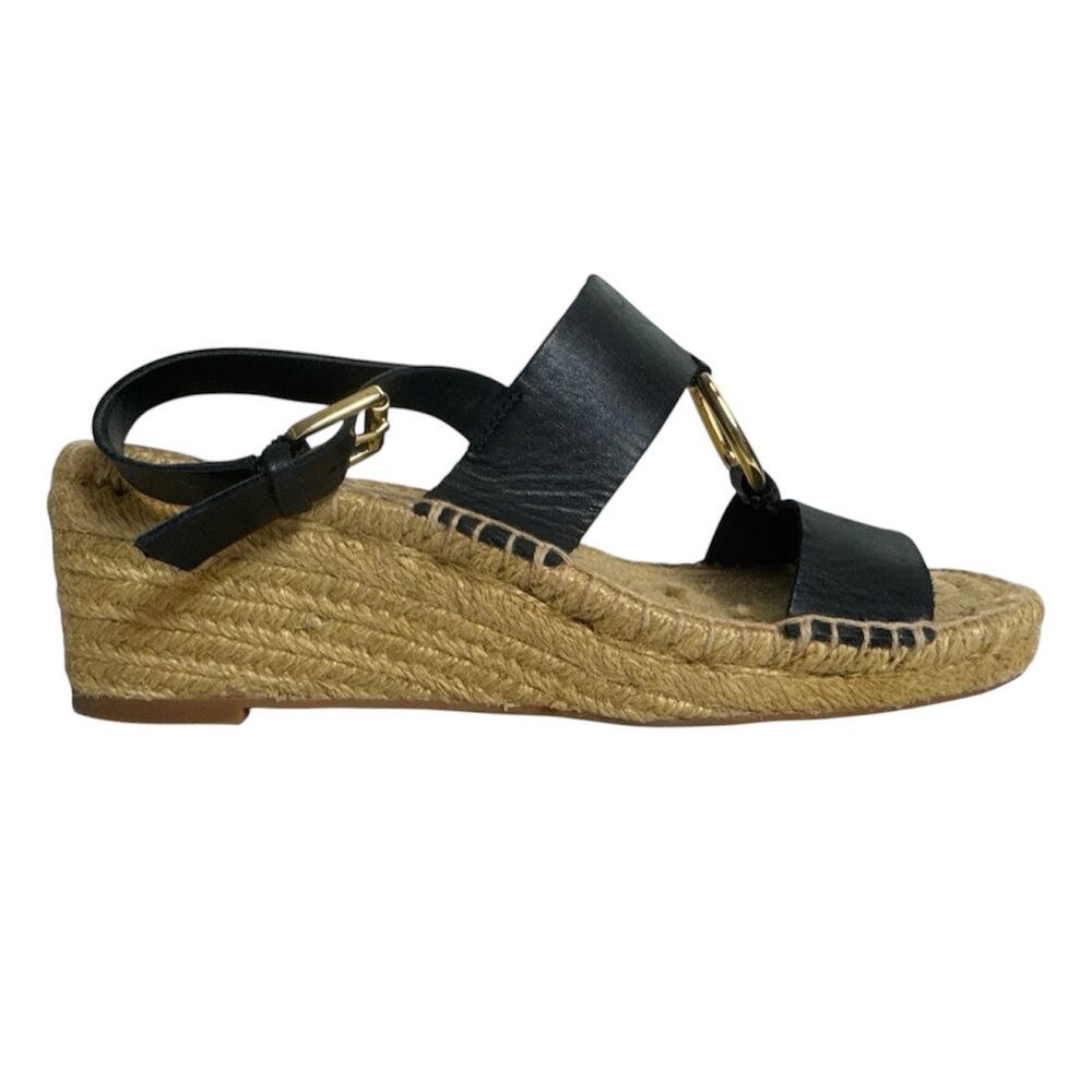 Lauren Ralph Lauren Black Espadrille Wedge Sandals 100% Leather Bena Womens 8